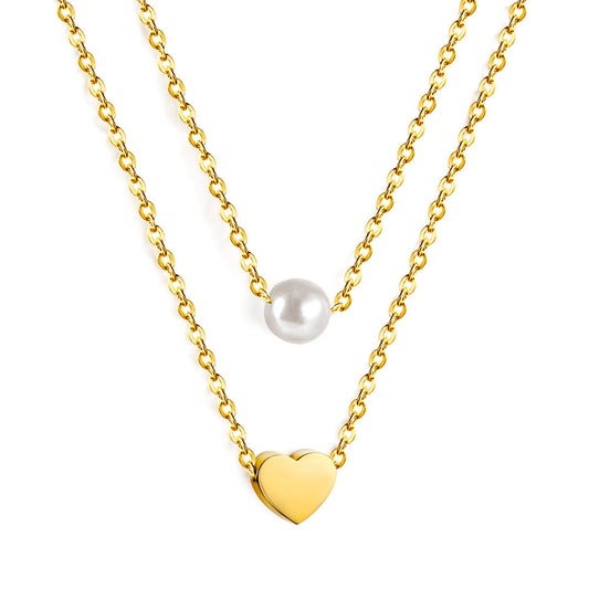 ZANORA - Heart + White Pearl Pendant Double Chain Necklace