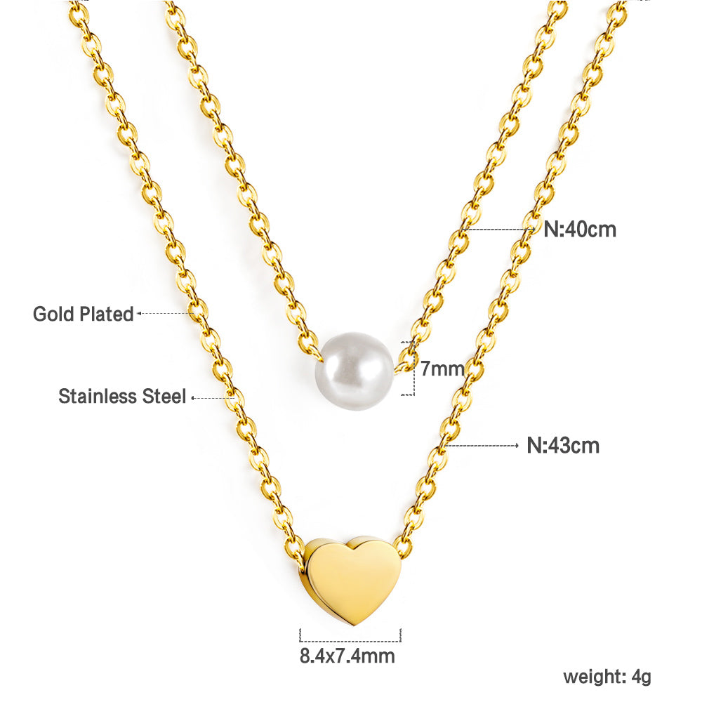 ZANORA - Heart + White Pearl Pendant Double Chain Necklace