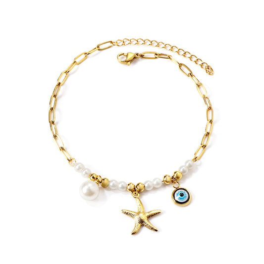 ZANORA Beach Charm - White Pearl + Steel Beads + Starfish + Blue Eyes Anklet