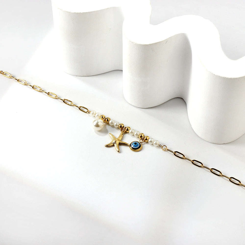 ZANORA Beach Charm - White Pearl + Steel Beads + Starfish + Blue Eyes Anklet