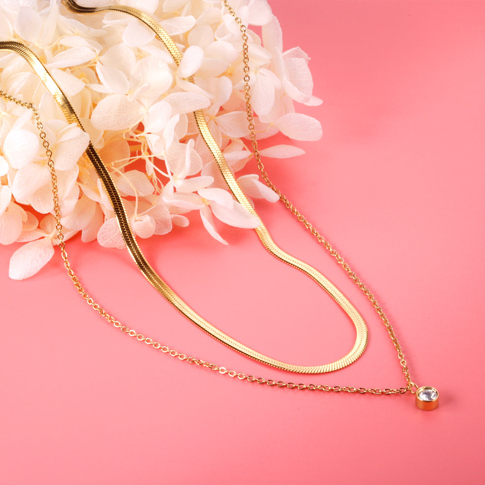 ZANORA - Double Chained Round Diamond Pendant Necklace