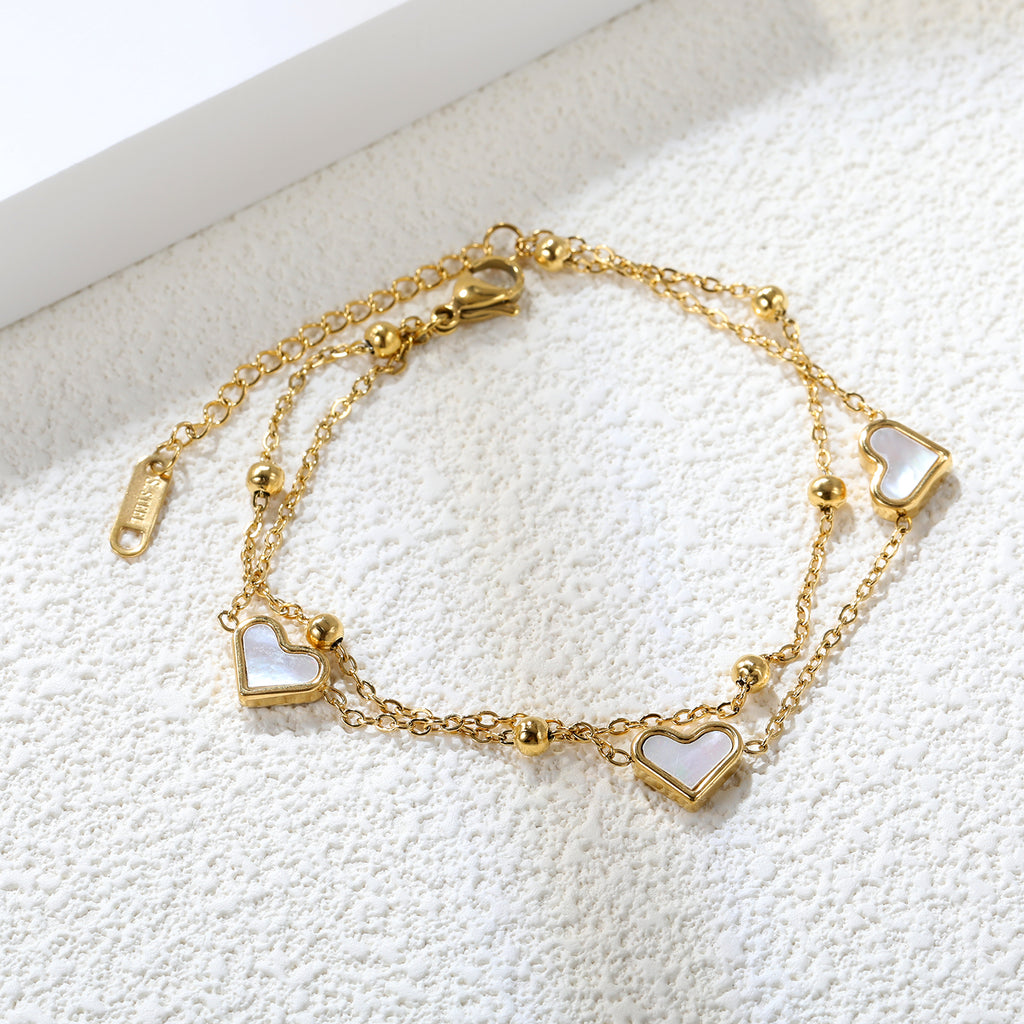 ZANORA  - Heart Shaped White Shells Double Chained Bracelet