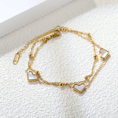 ZANORA  - Heart Shaped White Shells Double Chained Bracelet