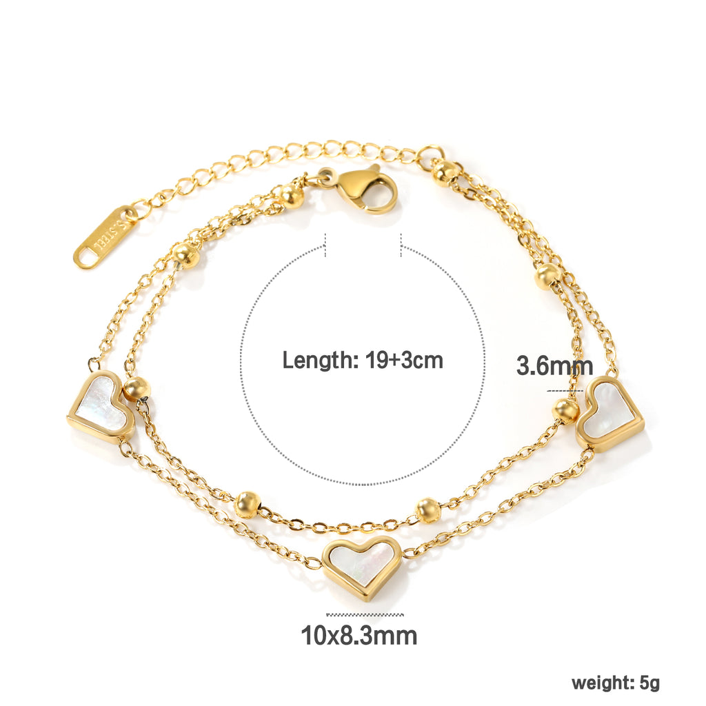 ZANORA  - Heart Shaped White Shells Double Chained Bracelet