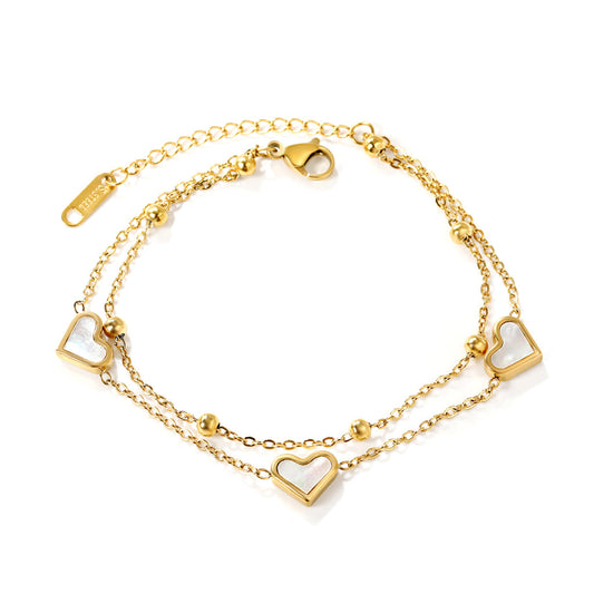 ZANORA  - Heart Shaped White Shells Double Chained Bracelet