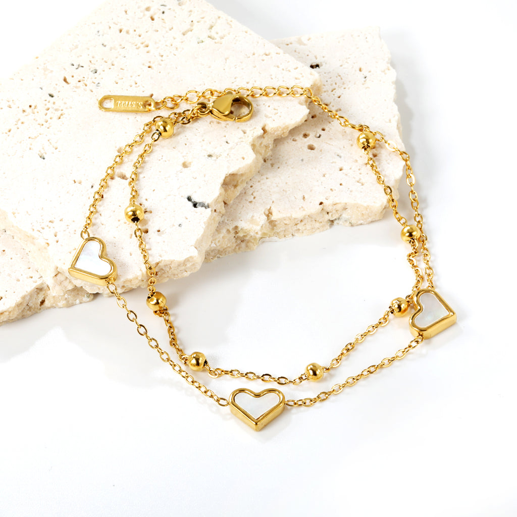 ZANORA  - Heart Shaped White Shells Double Chained Bracelet