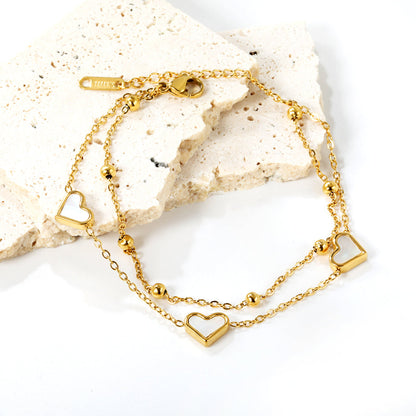 ZANORA  - Heart Shaped White Shells Double Chained Bracelet