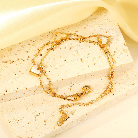 ZANORA  - Heart Shaped White Shells Double Chained Bracelet