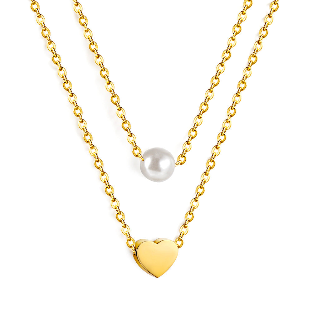 ZANORA - Heart + White Pearl Pendant Double Chain Necklace