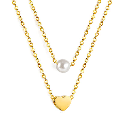 ZANORA - Heart + White Pearl Pendant Double Chain Necklace