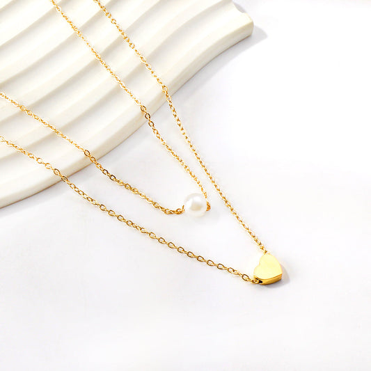 ZANORA - Heart + White Pearl Pendant Double Chain Necklace