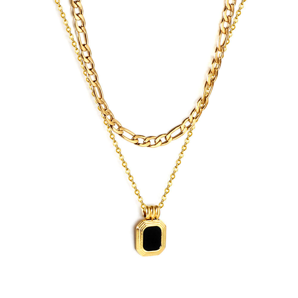 ZANORA  - Rectangular Green Diamond Double Layered Pendant Necklace