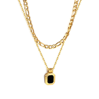 ZANORA  - Rectangular Green Diamond Double Layered Pendant Necklace