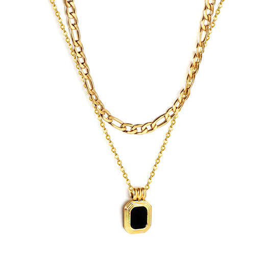 ZANORA  - Rectangular Green Diamond Double Layered Pendant Necklace