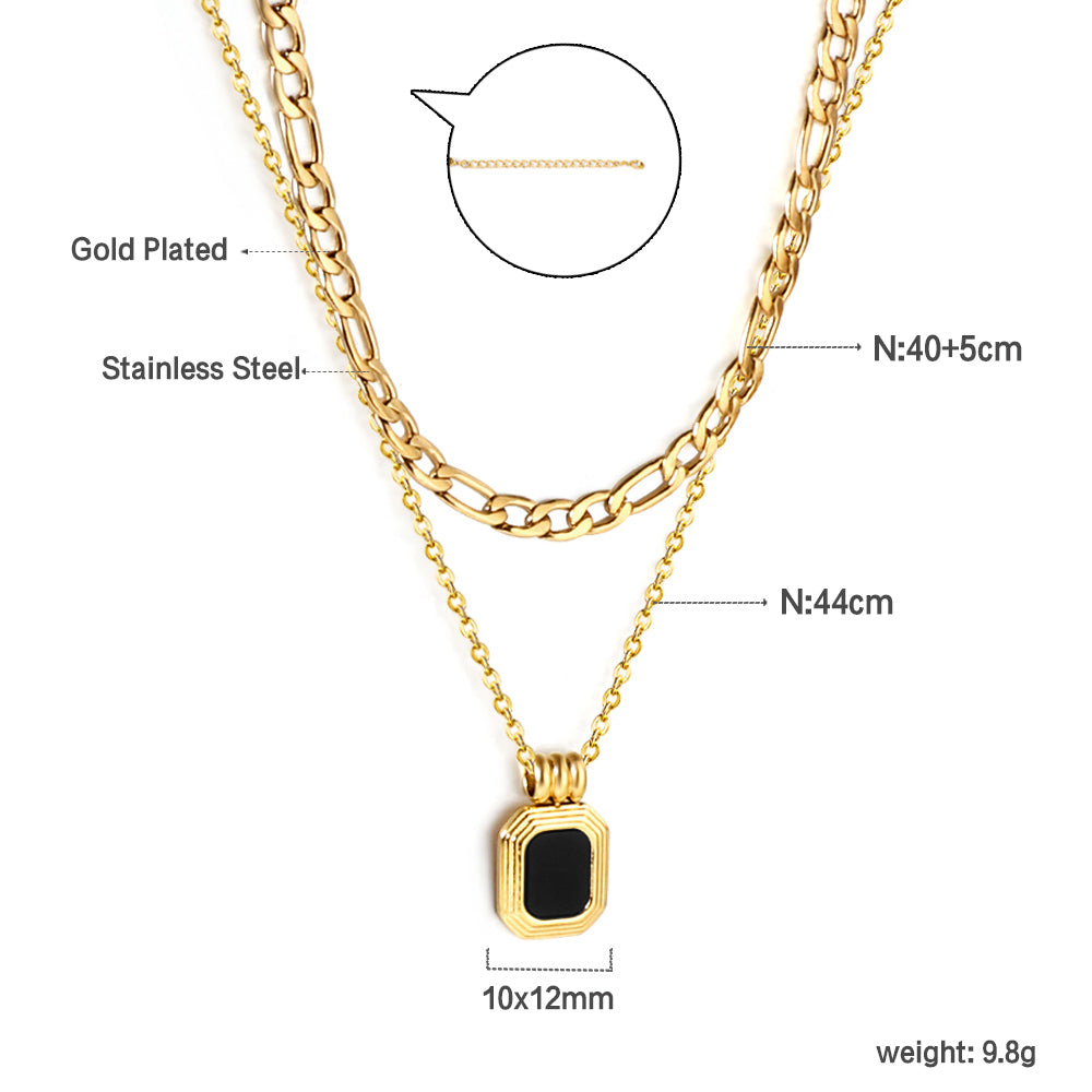 ZANORA  - Rectangular Green Diamond Double Layered Pendant Necklace