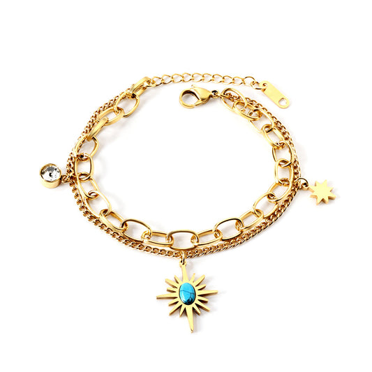ZANORA  - Turquoise Star Stone + Cylindrical White Diamond Double Chained Bracelet
