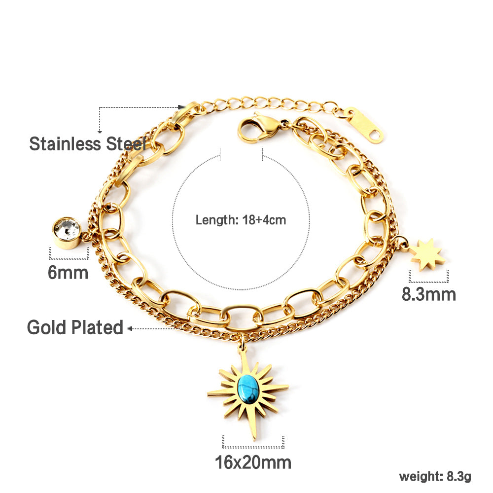 ZANORA  - Turquoise Star Stone + Cylindrical White Diamond Double Chained Bracelet