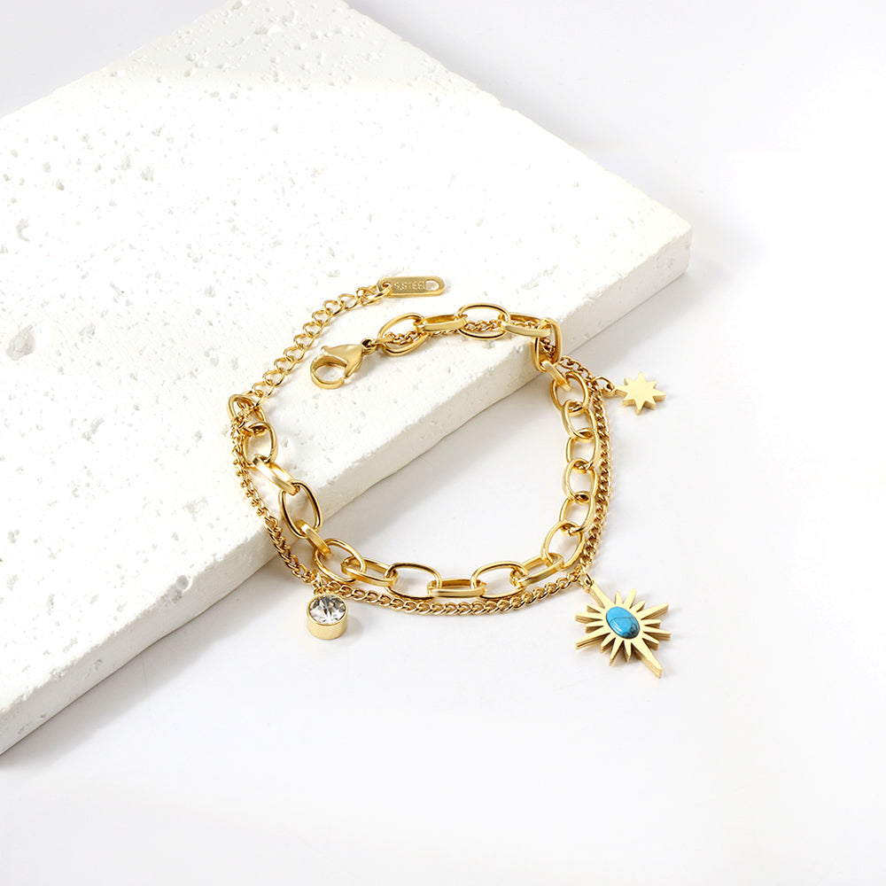 ZANORA  - Turquoise Star Stone + Cylindrical White Diamond Double Chained Bracelet