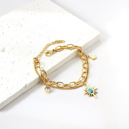 ZANORA  - Turquoise Star Stone + Cylindrical White Diamond Double Chained Bracelet