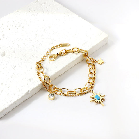 ZANORA  - Turquoise Star Stone + Cylindrical White Diamond Double Chained Bracelet