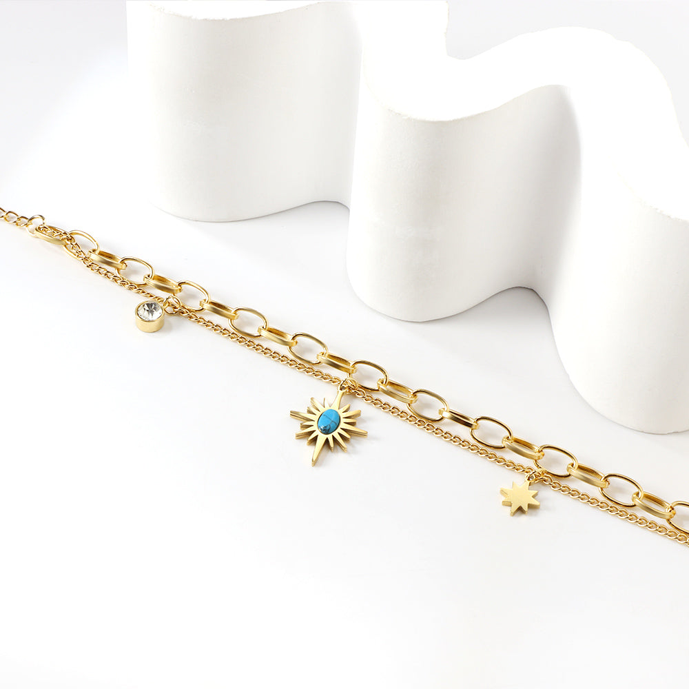 ZANORA  - Turquoise Star Stone + Cylindrical White Diamond Double Chained Bracelet