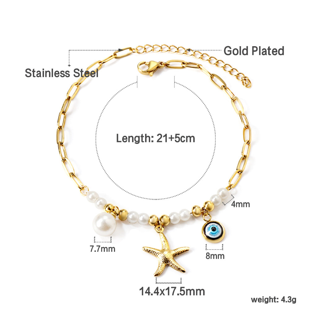 ZANORA Beach Charm - White Pearl + Steel Beads + Starfish + Blue Eyes Anklet