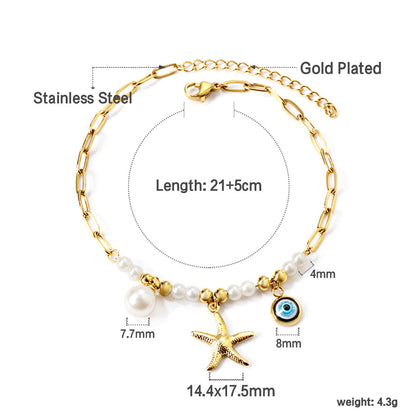 ZANORA Beach Charm - White Pearl + Steel Beads + Starfish + Blue Eyes Anklet