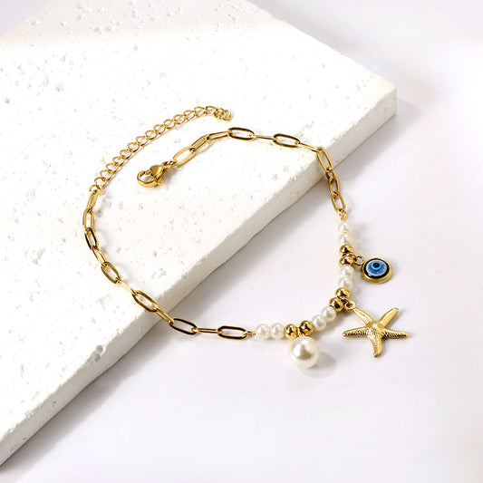 ZANORA Beach Charm - White Pearl + Steel Beads + Starfish + Blue Eyes Anklet