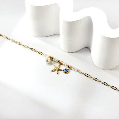 ZANORA Beach Charm - White Pearl + Steel Beads + Starfish + Blue Eyes Anklet