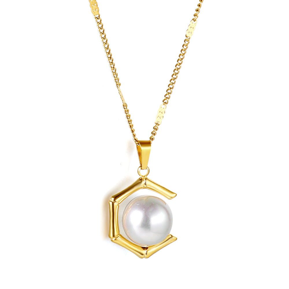 ZANORA  - White Pearl + Pentagonal Designed Pendant Necklace