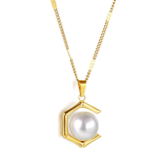 ZANORA  - White Pearl + Pentagonal Designed Pendant Necklace