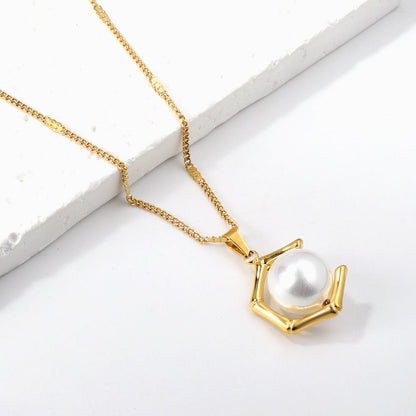 ZANORA  - White Pearl + Pentagonal Designed Pendant Necklace