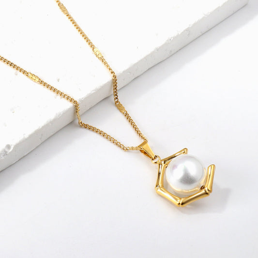 ZANORA  - White Pearl + Pentagonal Designed Pendant Necklace