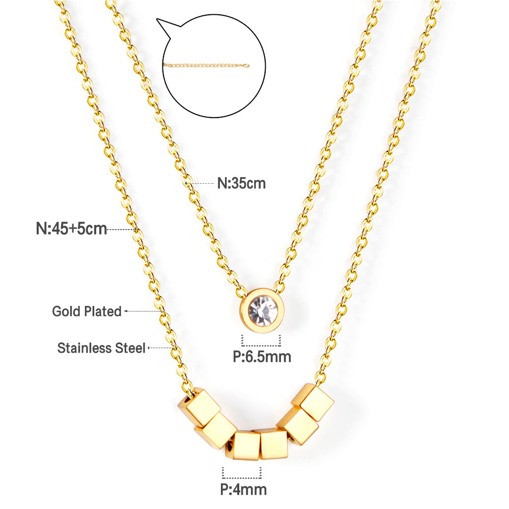ZANORA  - 6 Squares + Double Chained With Round Diamond Necklace