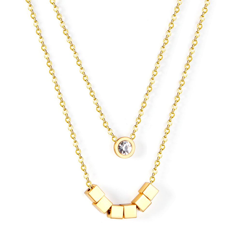 ZANORA  - 6 Squares + Double Chained With Round Diamond Necklace