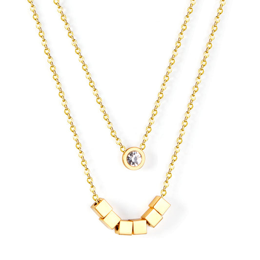 ZANORA  - 6 Squares + Double Chained With Round Diamond Necklace