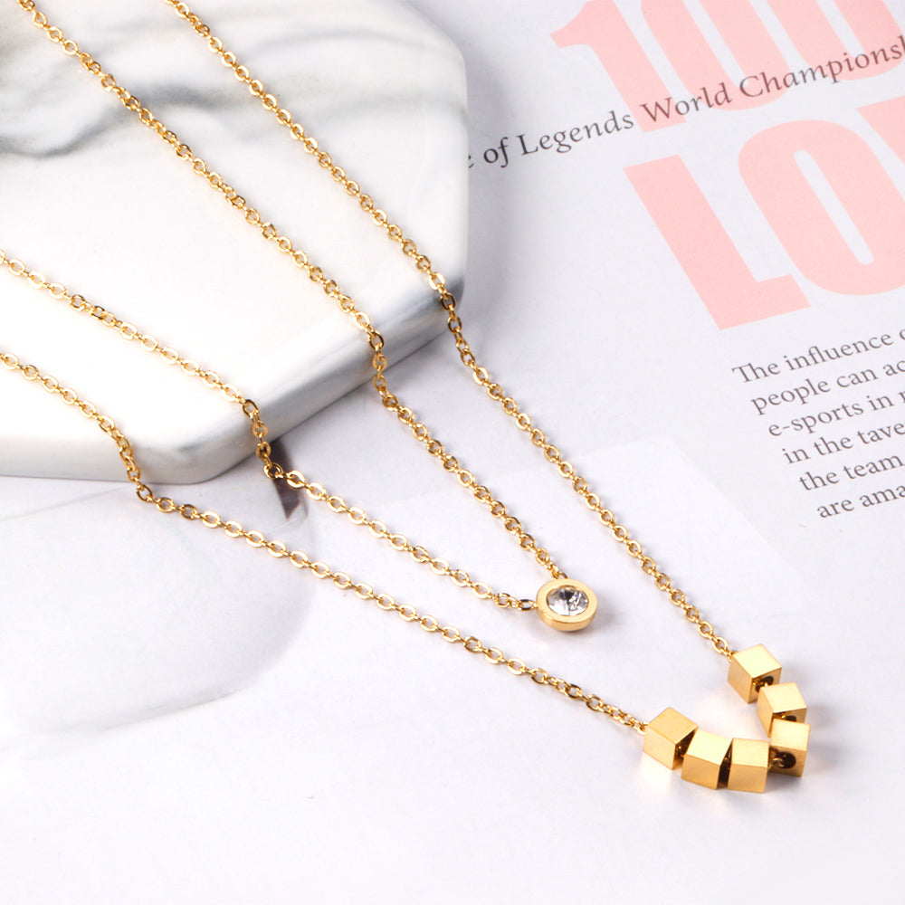 ZANORA  - 6 Squares + Double Chained With Round Diamond Necklace