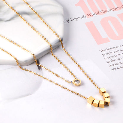 ZANORA  - 6 Squares + Double Chained With Round Diamond Necklace