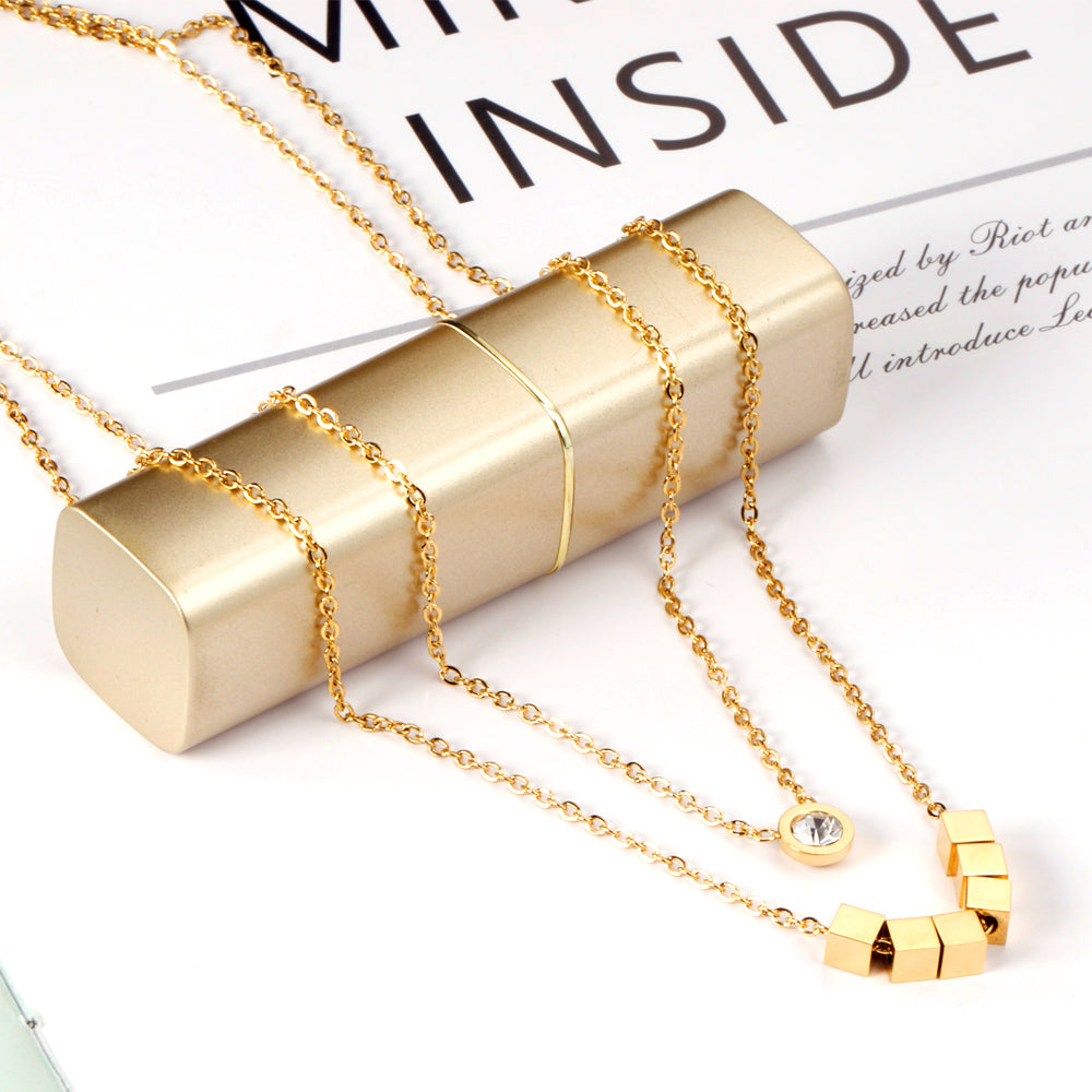 ZANORA  - 6 Squares + Double Chained With Round Diamond Necklace