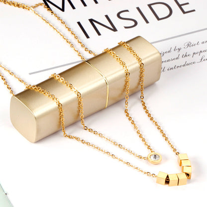 ZANORA  - 6 Squares + Double Chained With Round Diamond Necklace