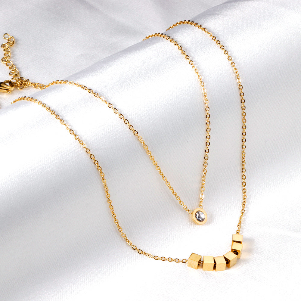 ZANORA  - 6 Squares + Double Chained With Round Diamond Necklace