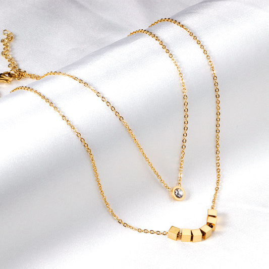 ZANORA  - 6 Squares + Double Chained With Round Diamond Necklace