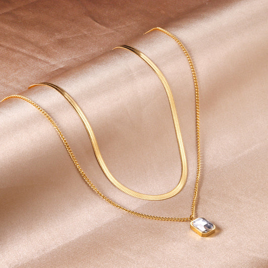 ZANORA  - Diamond Double Layered Pendant Necklace