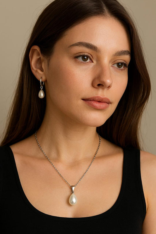 ZANORA Layali Pearl - Pearl Water Drop Jewelry Set - Silver