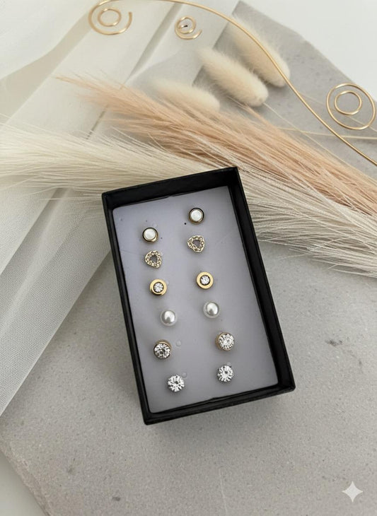 ZANORA - 6pairs/Box Cubic Zirconia Pearl Stud Earrings